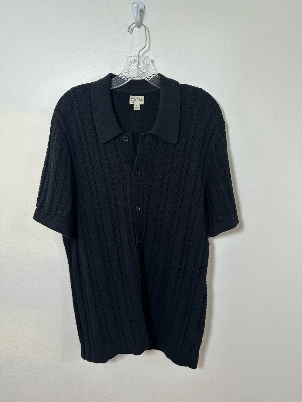 J. Crew Black Short Sleeve Guernsey Stitch Polo Cardigan Sweater Button Front L